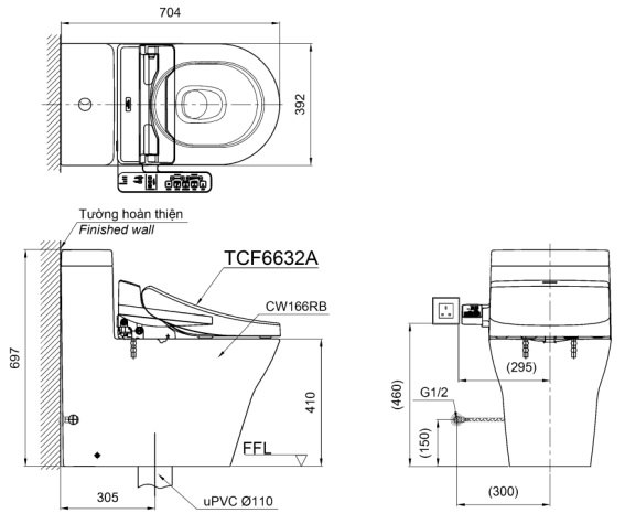 Bản vẽ kĩ thuật Bồn cầu 1 khối TOTO CW166RB TCF6632A (W8) nắp rửa điện tử
