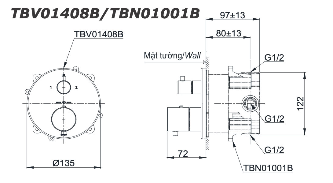 Bản vẽ kỹ thuật Van điều chỉnh nhiệt độ TOTO TBV01408B TBN01001B sen âm tường