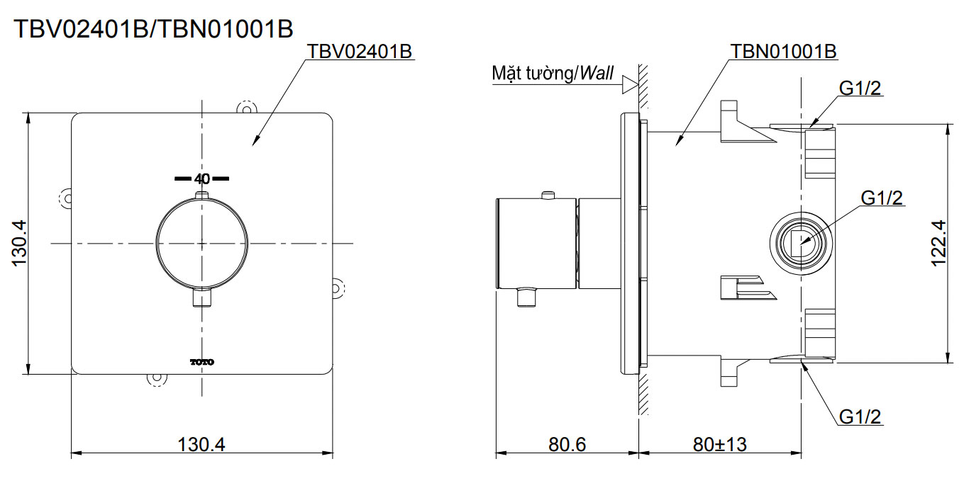 Bản vẽ kỹ thuật Van điều chỉnh nhiệt độ TOTO TBV02401B TBN01001B sen âm tường
