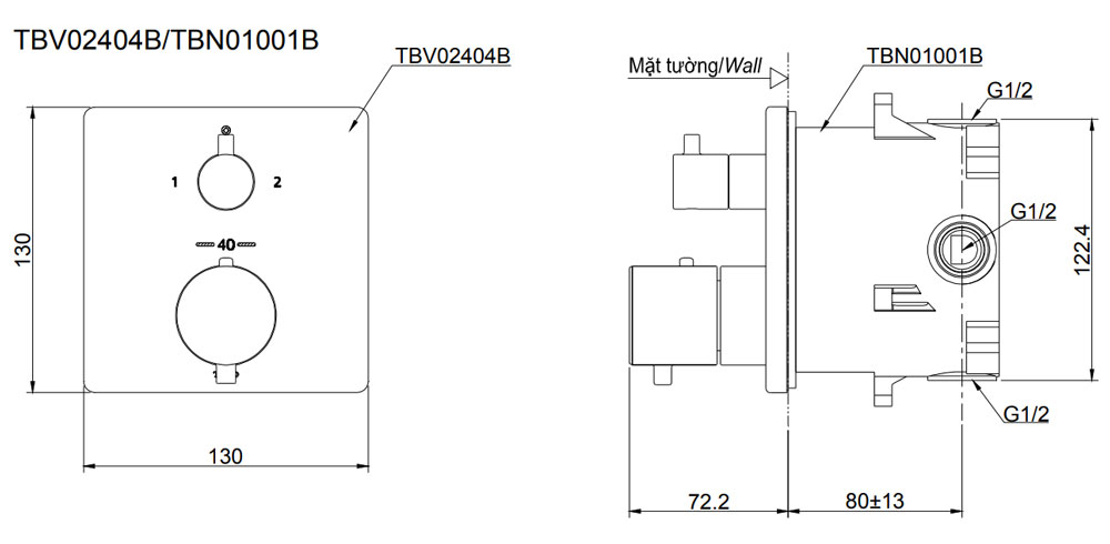 Bản vẽ kỹ thuật Van điều chỉnh nhiệt độ TOTO TBV02404B TBN01001B sen âm tường