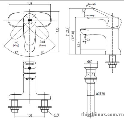 Bản vẽ kỹ thuật Vòi chậu lavabo INAX LFV-1111S nóng lạnh 3 lỗ