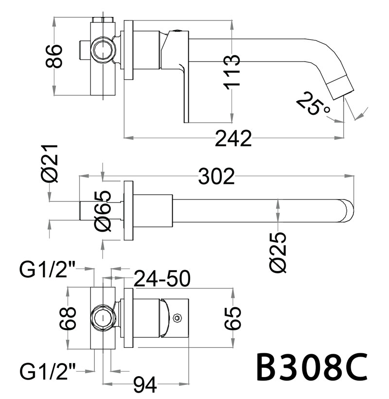Bản vẽ kỹ thuật Vòi lavabo CAESAR B308C gắn tường nóng lạnh
