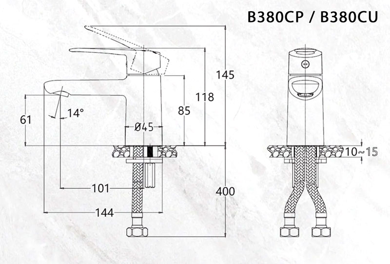 Bản vẽ kỹ thuật Vòi lavabo CAESAR B380CP B380CU nóng lạnh
