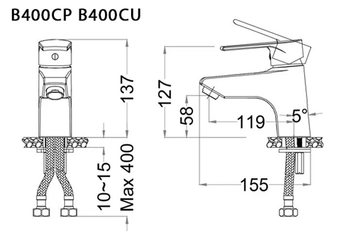 Bản vẽ kỹ thuật Vòi lavabo CAESAR B400CP B400CU nóng lạnh