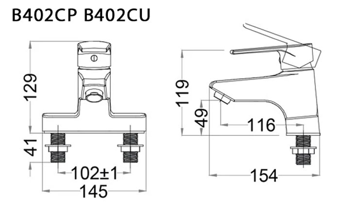 Bản vẽ kỹ thuật Vòi lavabo CAESAR B402CP B402CU nóng lạnh