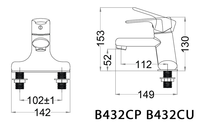Bản vẽ kỹ thuật Vòi lavabo CAESAR B432CP B432CU nóng lạnh