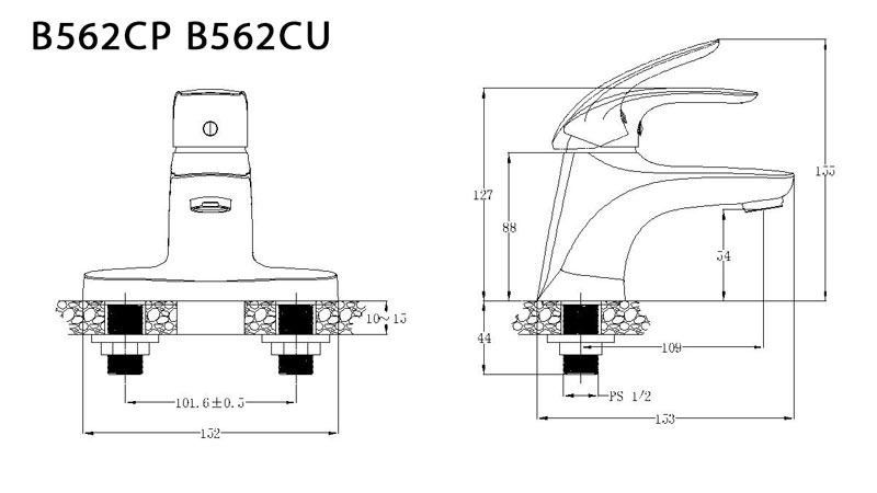 Bản vẽ kỹ thuật Vòi lavabo CAESAR B562CP B562CU nóng lạnh