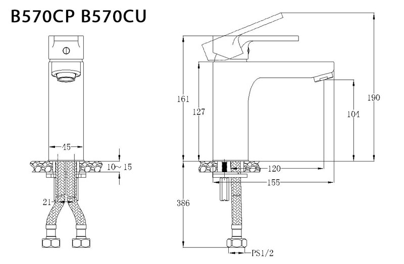 Bản vẽ kỹ thuật Vòi chậu lavabo CAESAR B570CP B570CU nóng lạnh