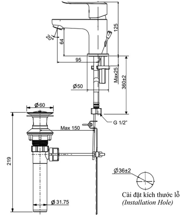 ban ve ky thuat voi chau lavabo inax lfv 2012s nong lanh 1 lo