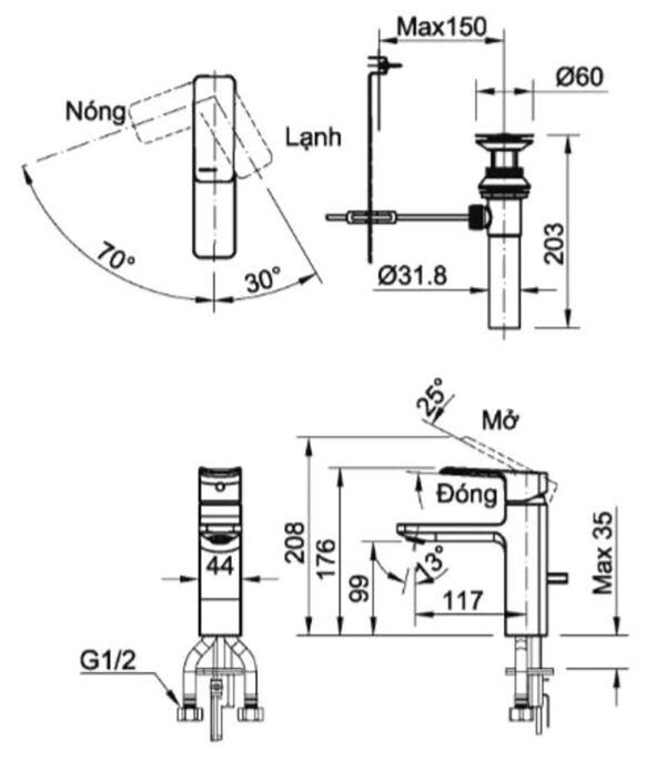 ban ve ky thuat voi chau lavabo inax lfv 5012s nong lanh 1 lo