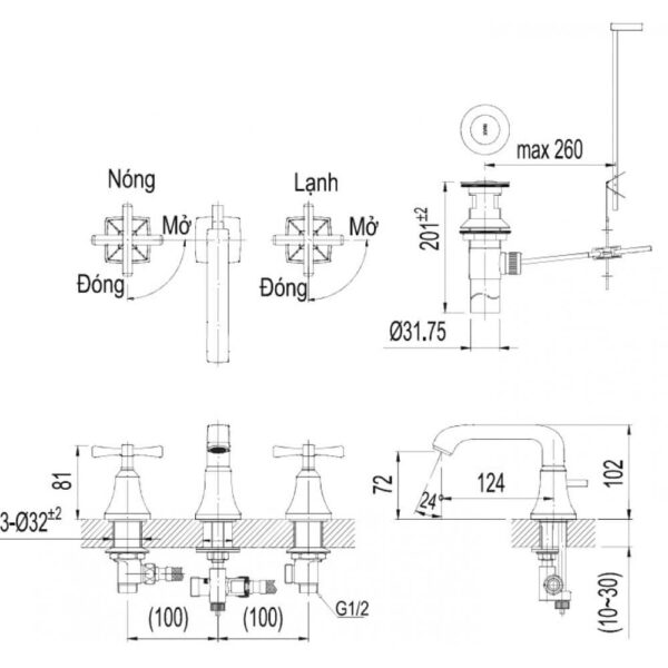 ban ve ky thuat voi chau lavabo inax lfv 8100b nong lanh 3 lo