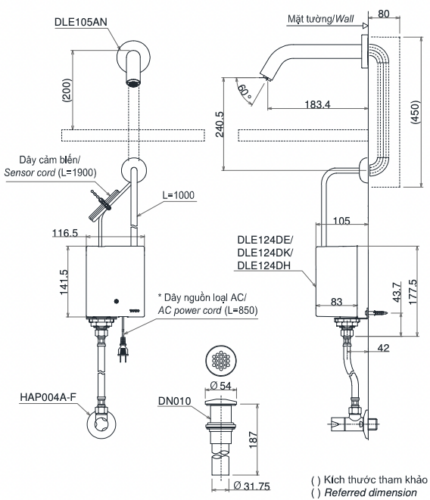 ban ve ky thuat voi chau lavabo toto dle105an dle124dh dn010 cam ung gan tuong lanh