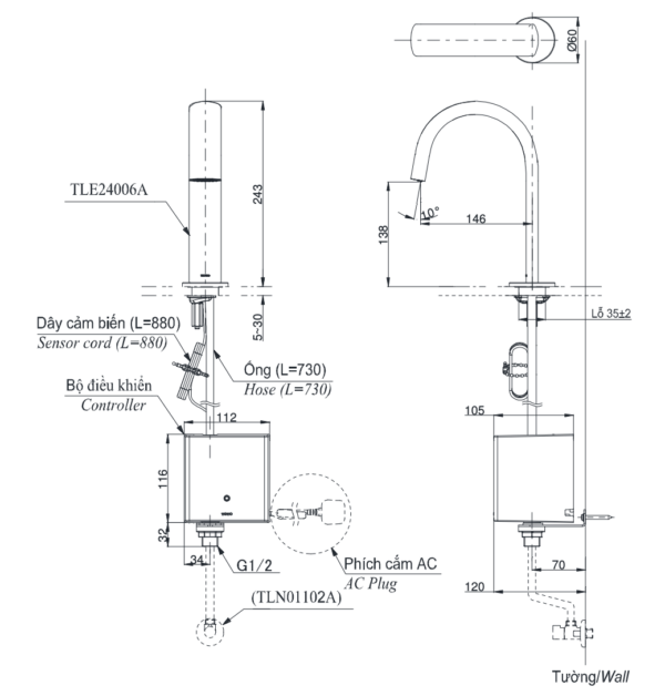 ban ve ky thuat voi chau lavabo toto tle24006a cam ung gan banchau