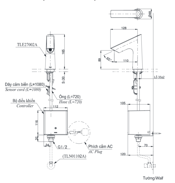 ban ve ky thuat voi chau lavabo toto tle27002a cam ung gan banchau
