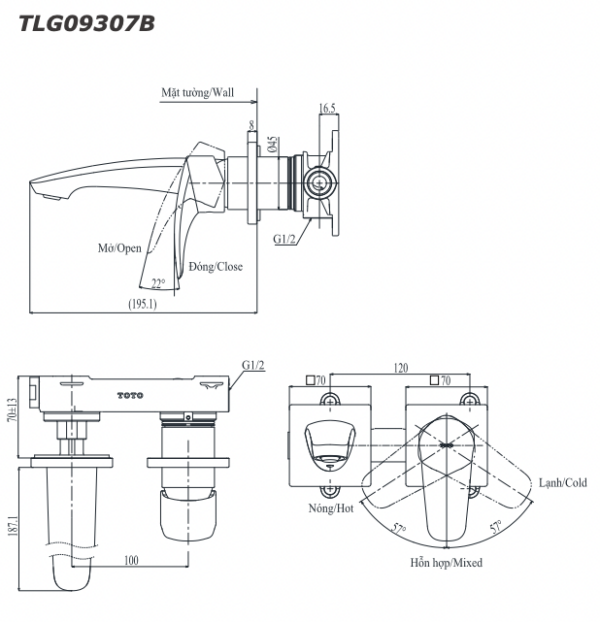 ban ve ky thuat voi chau lavabo toto tlg01311b nong lanh gan tuong