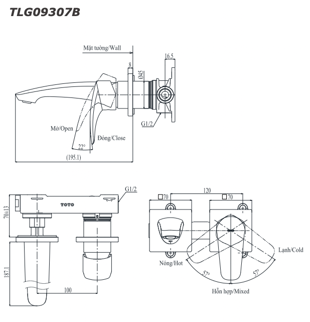 Bản vẽ kỹ thuật Vòi lavabo TOTO TLG01311B nóng lạnh gắn tường