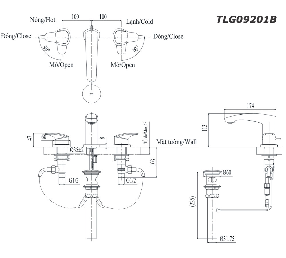 Bản vẽ kỹ thuật Vòi lavabo TOTO TLG09201B nóng lạnh 3 lỗ GM