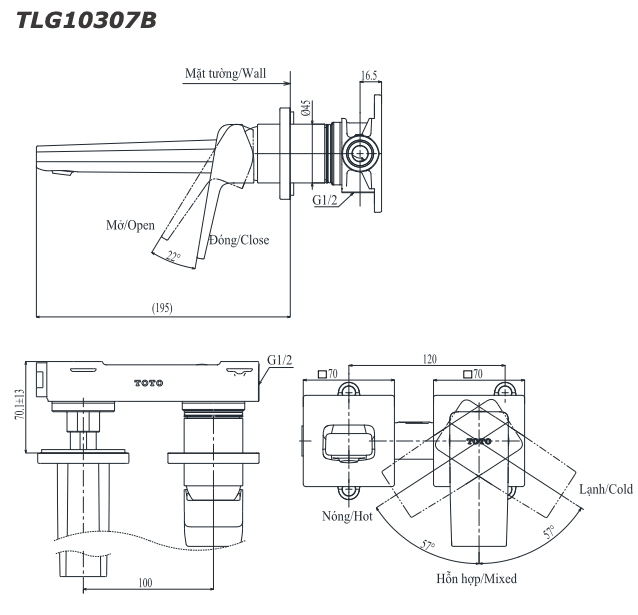 Bản vẽ kỹ thuật Vòi lavabo TOTO TLG10307B nóng lạnh gắn tường