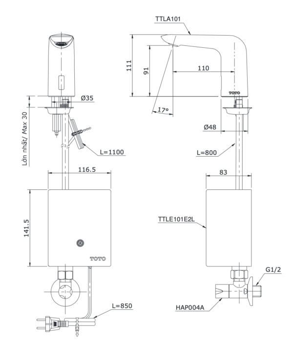 ban ve ky thuat voi chau lavabo toto ttla101 ttle101e2l hap004a cam ung gan banchau