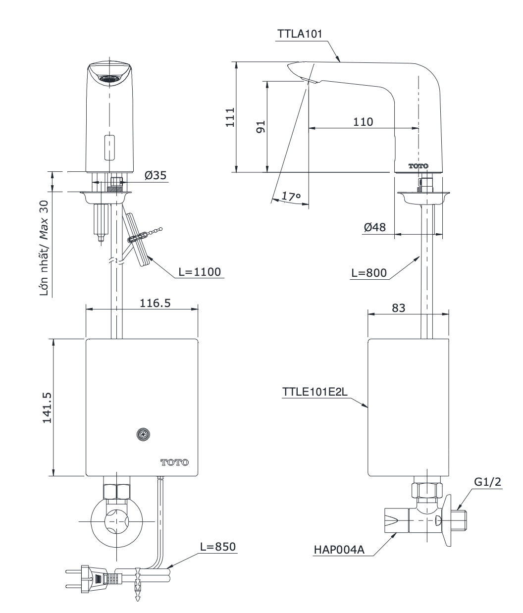 Bản vẽ kỹ thuật Vòi lavabo TOTO TTLA101 TTLE101E2L HAP004A cảm ứng gắn bàn/chậu