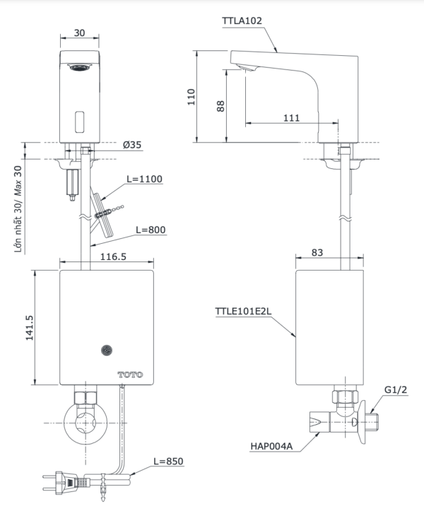 ban ve ky thuat voi chau lavabo toto ttla102 ttle101e2l hap004a cam ung gan banchau