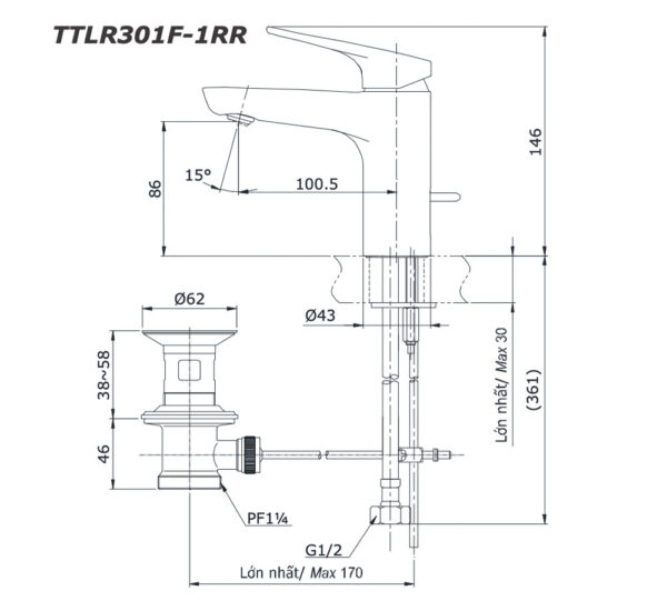 ban ve ky thuat voi chau lavabo toto ttlr301f 1rr nong lanh rei r