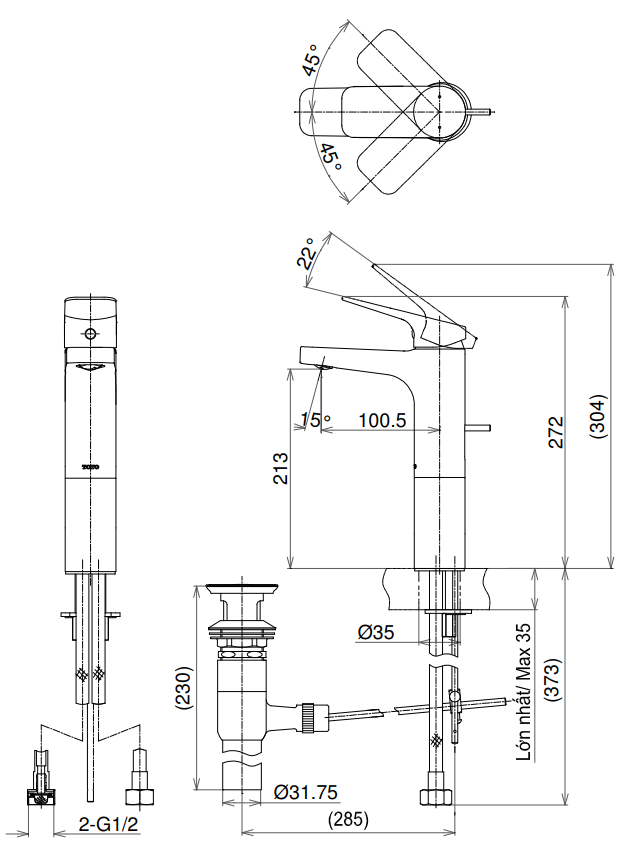 Bản vẽ kỹ thuật Vòi chậu lavabo TOTO TTLR302FV-1 cổ cao nóng lạnh Rei-S