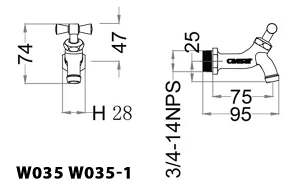 Bản vẽ kỹ thuật Vòi lạnh CAESAR W035 gắn tường