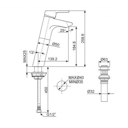Bản vẽ kỹ thuật Vòi chậu lavabo American Standard WF-3902 dòng Active cổ cao nóng lạnh