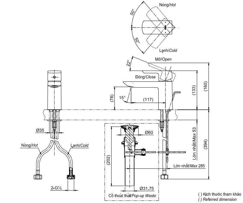 Bản vẽ kỹ thuật Vòi lavabo TOTO TLG02301V nóng lạnh