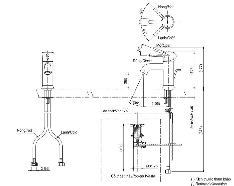 Bản vẽ kỹ thuật Vòi lavabo TOTO TLS02301V nóng lạnh