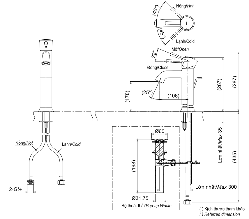 Bản vẽ kỹ thuật Vòi lavabo TOTO TLS02303V nóng lạnh cổ cao