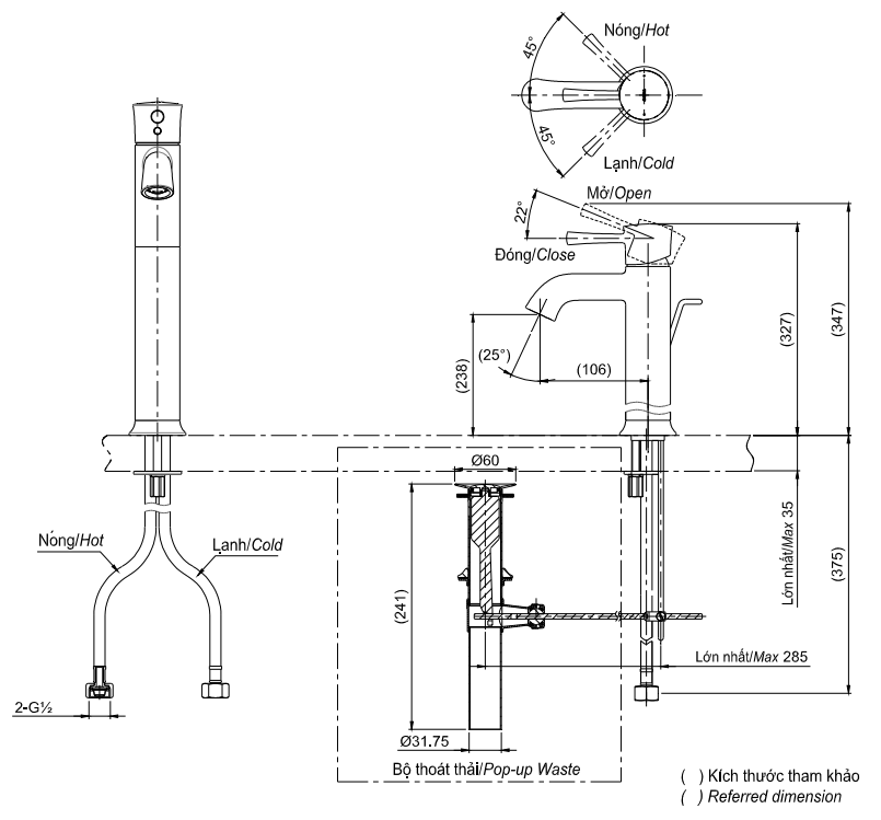 Bản vẽ kỹ thuật Vòi lavabo TOTO TLS02305V nóng lạnh cổ cao