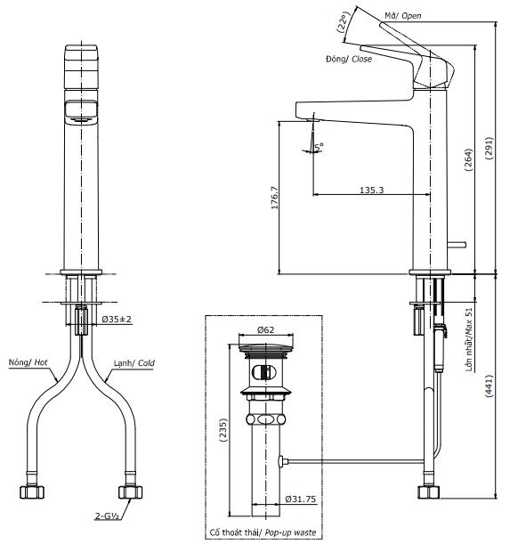 Bản vẽ kỹ thuật Vòi lavabo TOTO TLG10303V nóng lạnh cổ cao