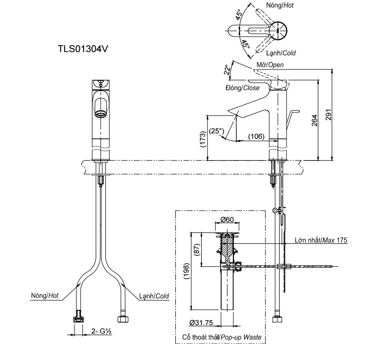Bản vẽ kỹ thuật Vòi lavabo TOTO TLS01304V nóng lạnh cổ cao
