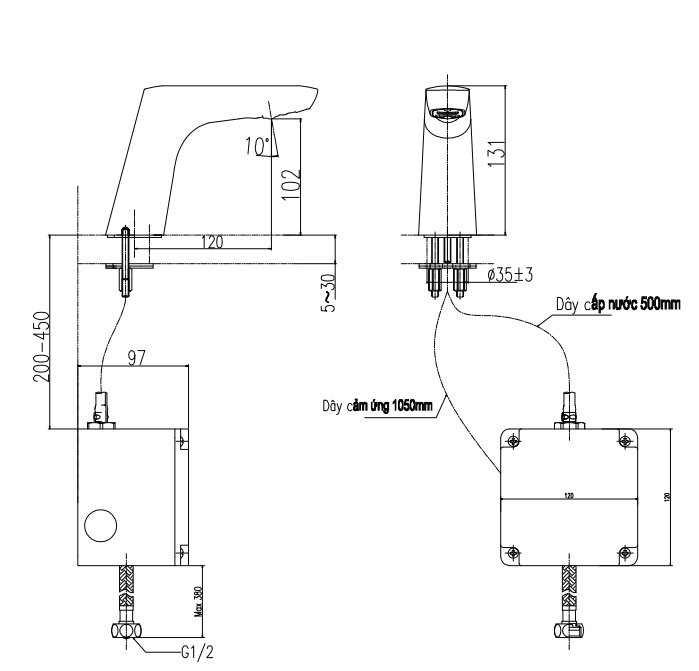 Bản vẽ kỹ thuật Vòi chậu lavabo INAX AMV-50B cảm ứng dùng pin lạnh
