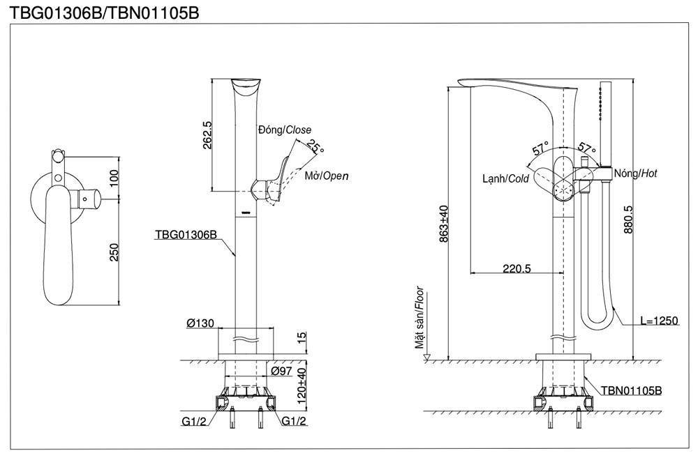 Bản vẽ kỹ thuật Vòi sen bồn tắm TOTO TBG02306B TBN01105B nóng lạnh