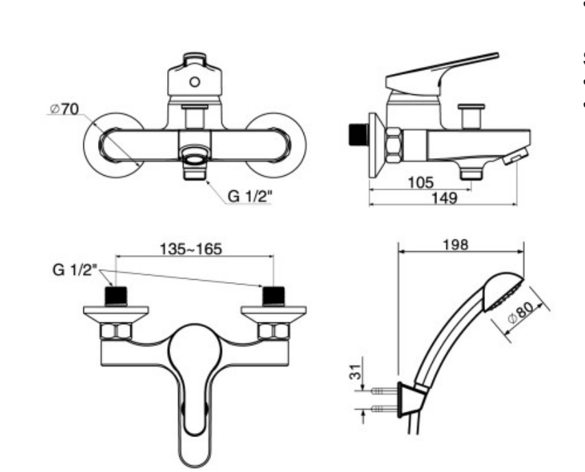 Bản vẽ kỹ thuật Vòi Sen Tắm American Standard WF-1411 dòng Concept Concept Round