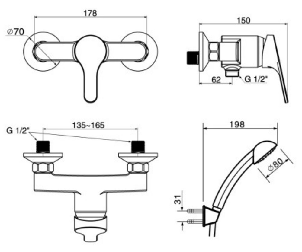 Bản vẽ kỹ thuật Vòi sen tắm American Standard WF-1412 dòng Concept Round
