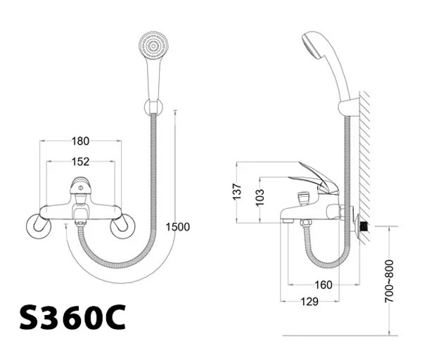 Bản vẽ kỹ thuật Vòi sen tắm CAESAR S360C nóng lạnh