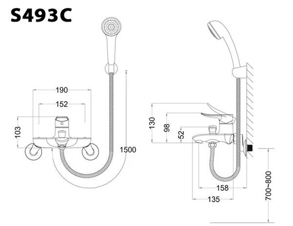 Bản vẽ kỹ thuật Vòi sen tắm CAESAR S493C nóng lạnh