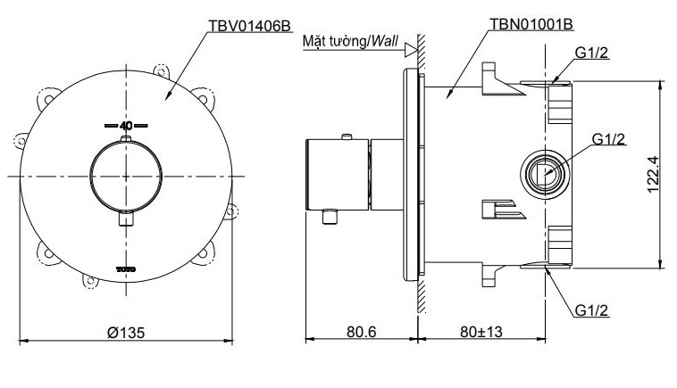 Bản vẽ van điều chỉnh nhiệt độ TBV01406B/TBN01001B TOTO