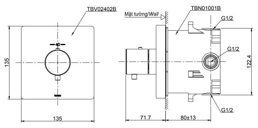 Bản vẽ kỹ thuật Van điều chỉnh nhiệt độ TOTO TBV02402B TBN01001B sen âm tường