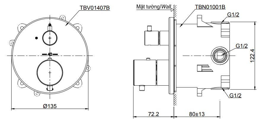 Bản vẽ kỹ thuật Van điều chỉnh nhiệt độ TOTO TBV01407B TBN01001B sen âm tường