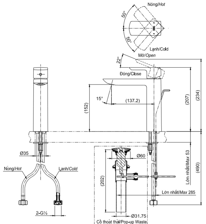 Bản vẽ kỹ thuật Vòi lavabo TOTO TLG02304V nóng lạnh cổ cao