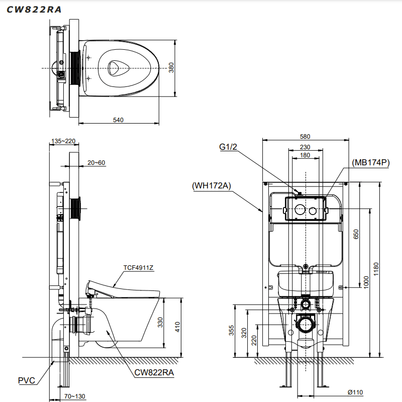 Bản vẽ kĩ thuật Bồn cầu treo tường TOTO CW822RA TCF4911Z nắp rửa điện tử