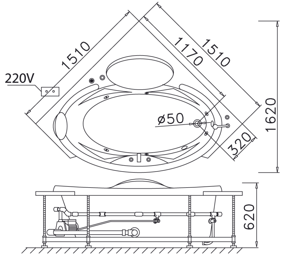 Bản vẽ kĩ thuật Bồn tắm CAESAR AT5150A góc xây 1.5M