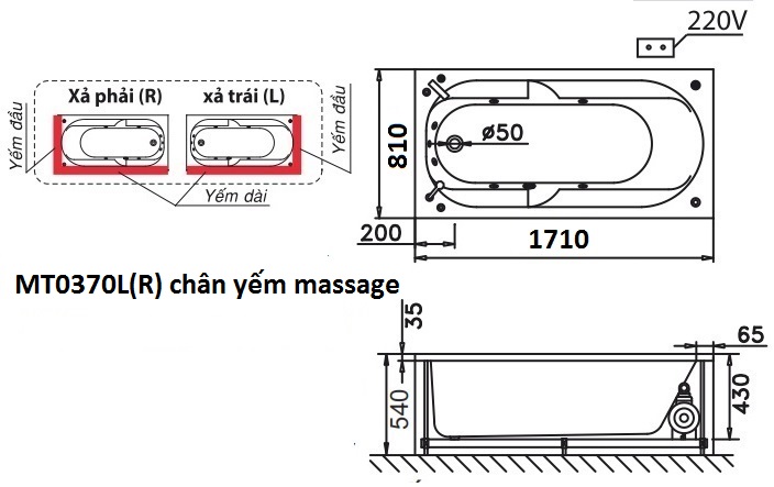 Bản vẽ kĩ thuật Bồn tắm CAESAR MT0370L/R Massage chân yếm 1.7M