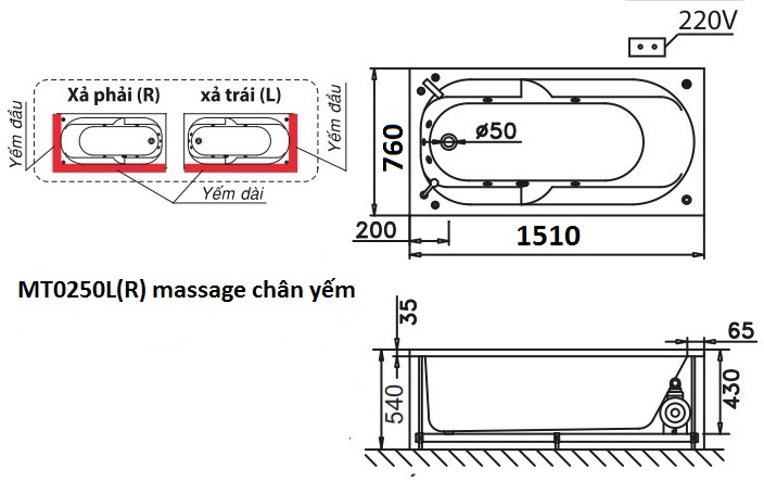 Bản vẽ kỹ thuật bồn tắm dài Caesar MT0250L(R) 1,5M