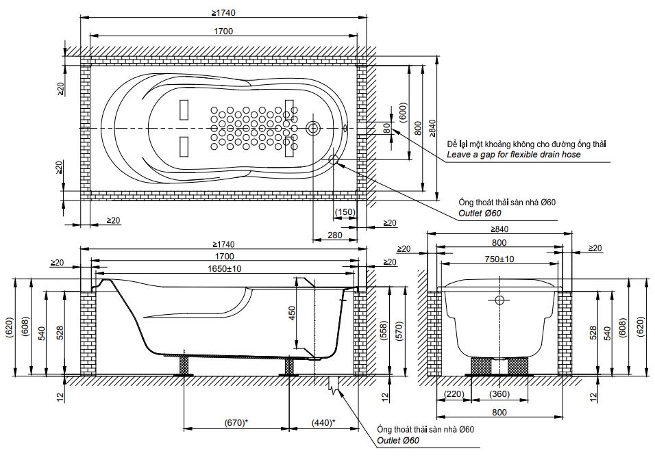 Bản vẽ kĩ thuật Bồn Tắm TOTO PAY1770DH DB501R-2B TVBF412 xây 1.7M